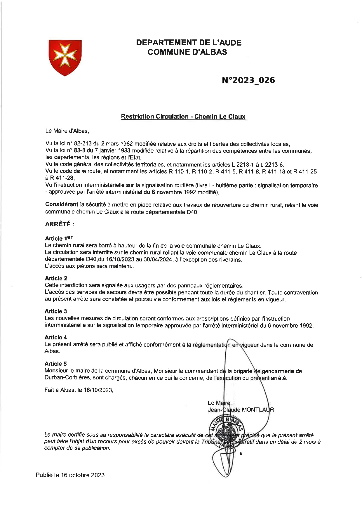 Arrêtés Règlementaires 2023