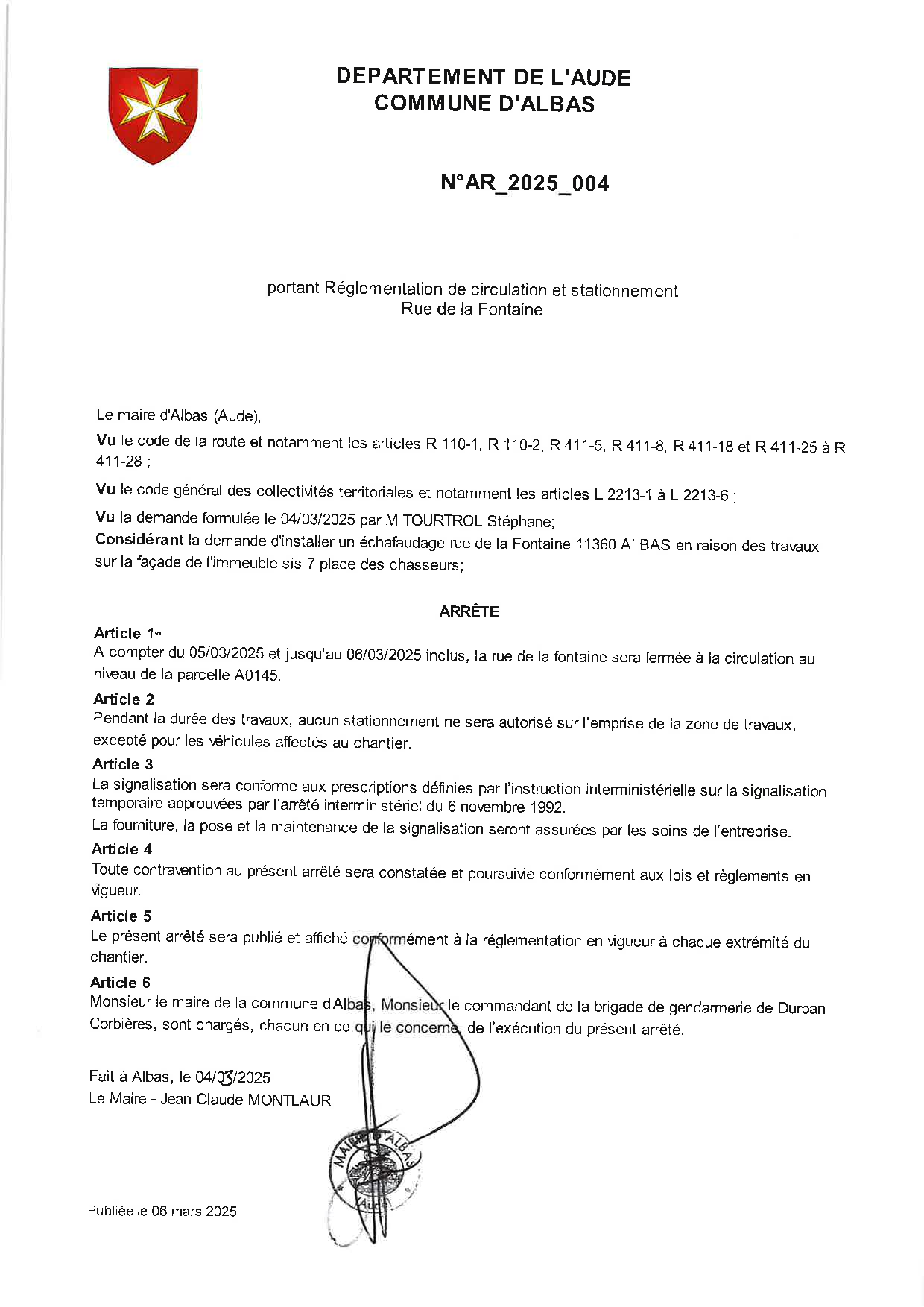 AR_2025_004 arrete circulation rue fontaine
