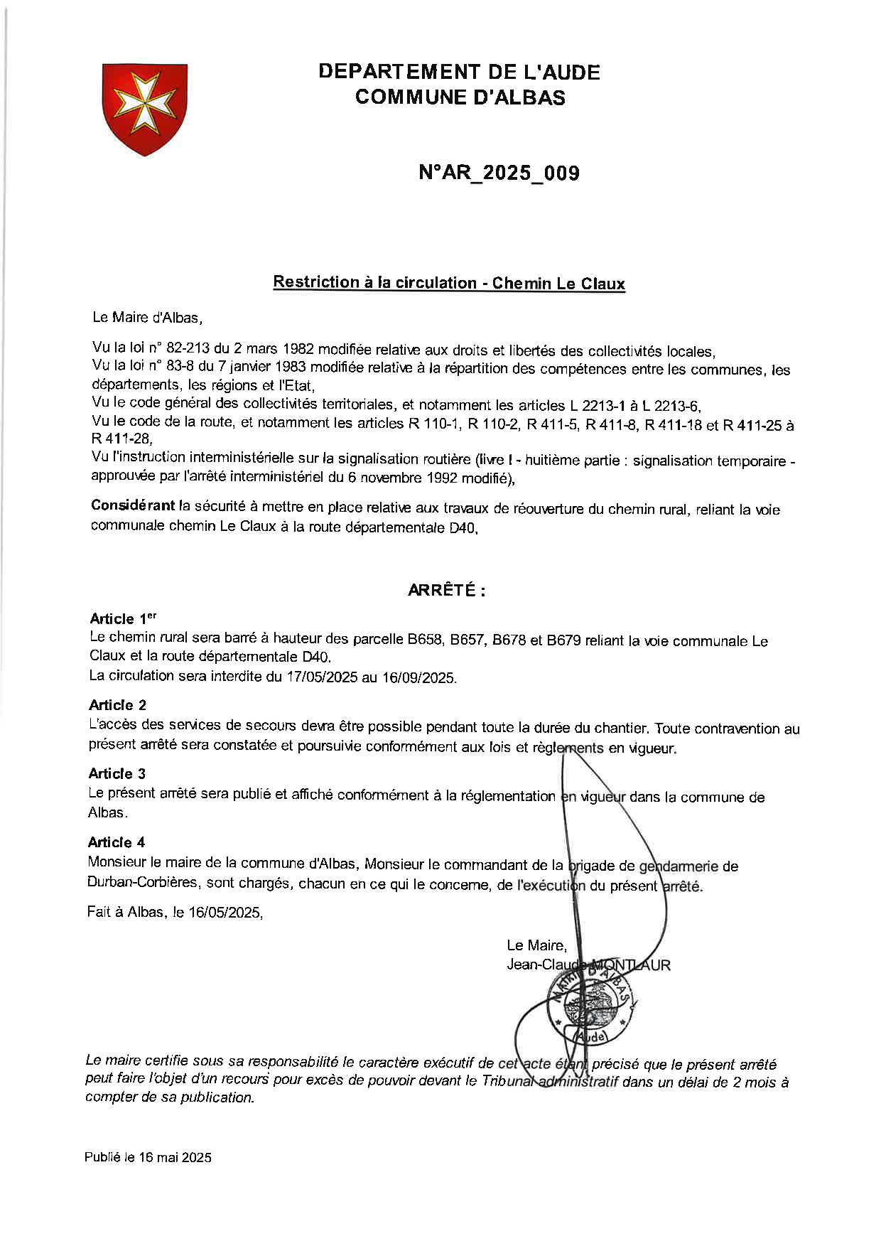 AR_2025_009 restriction circulation le Claux