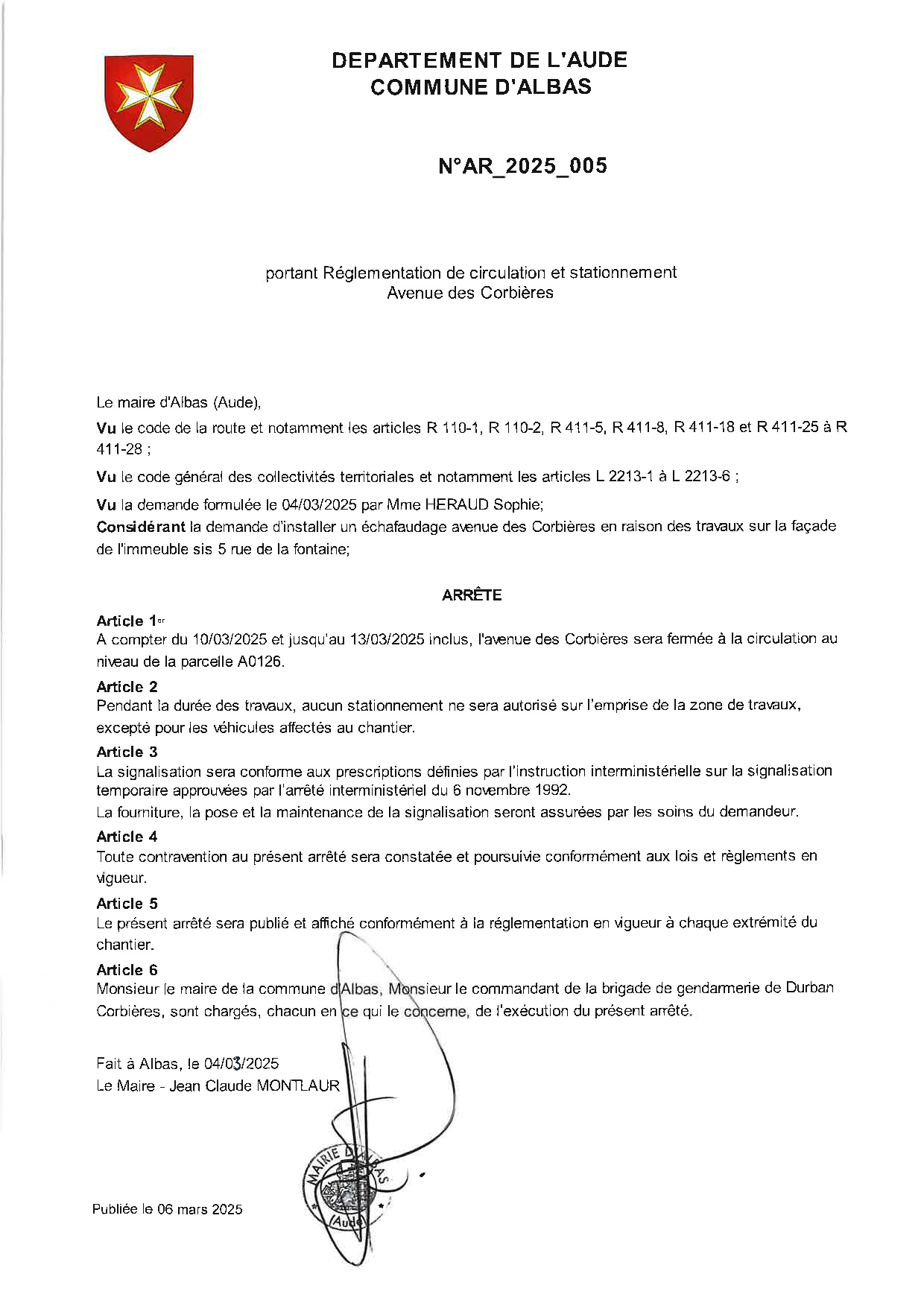 AR_2025_005 arrete circulation av des corbières