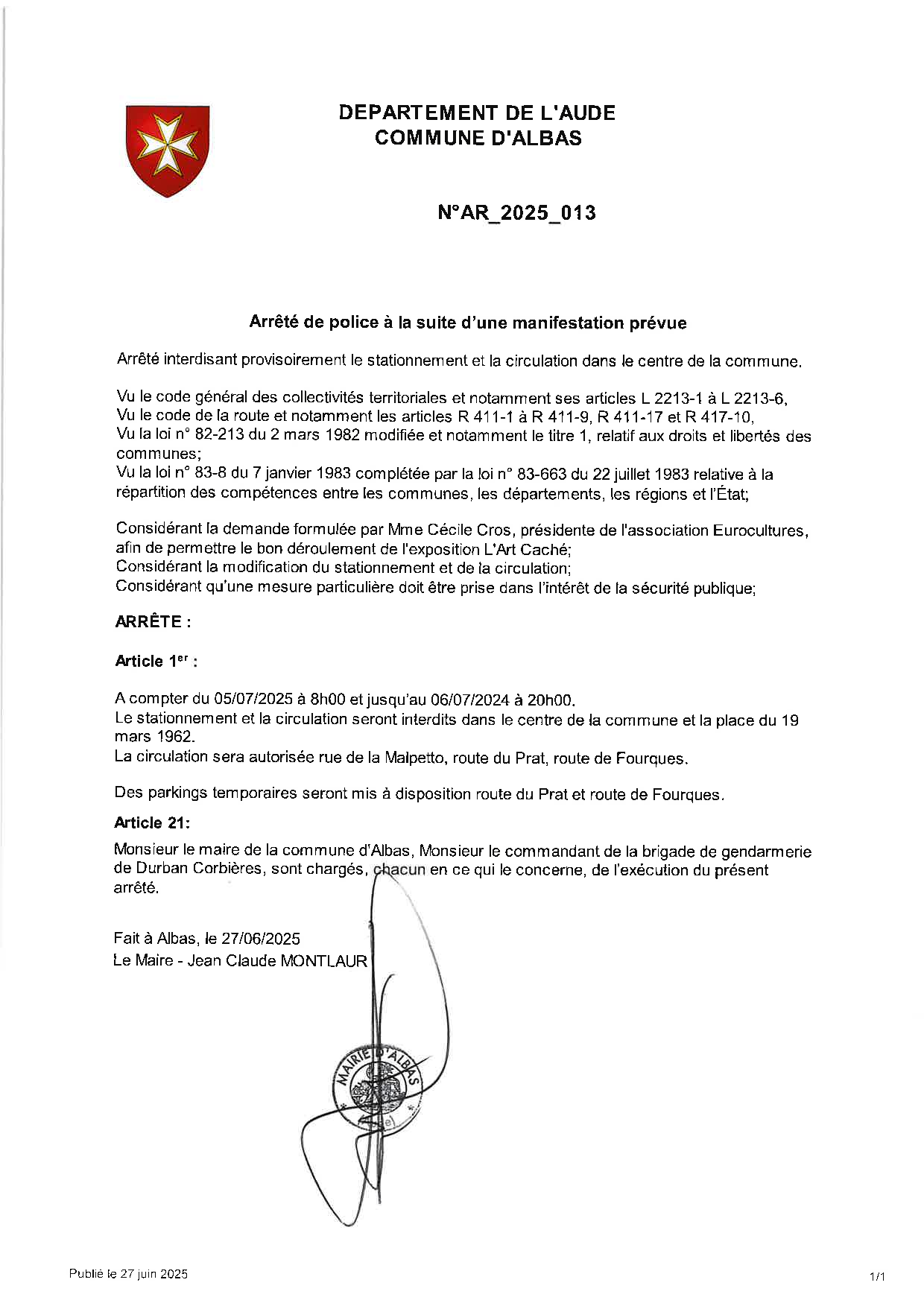 AR_2025_013  RESTRICTION CIRCULATION 05 et 06 juillet 2025