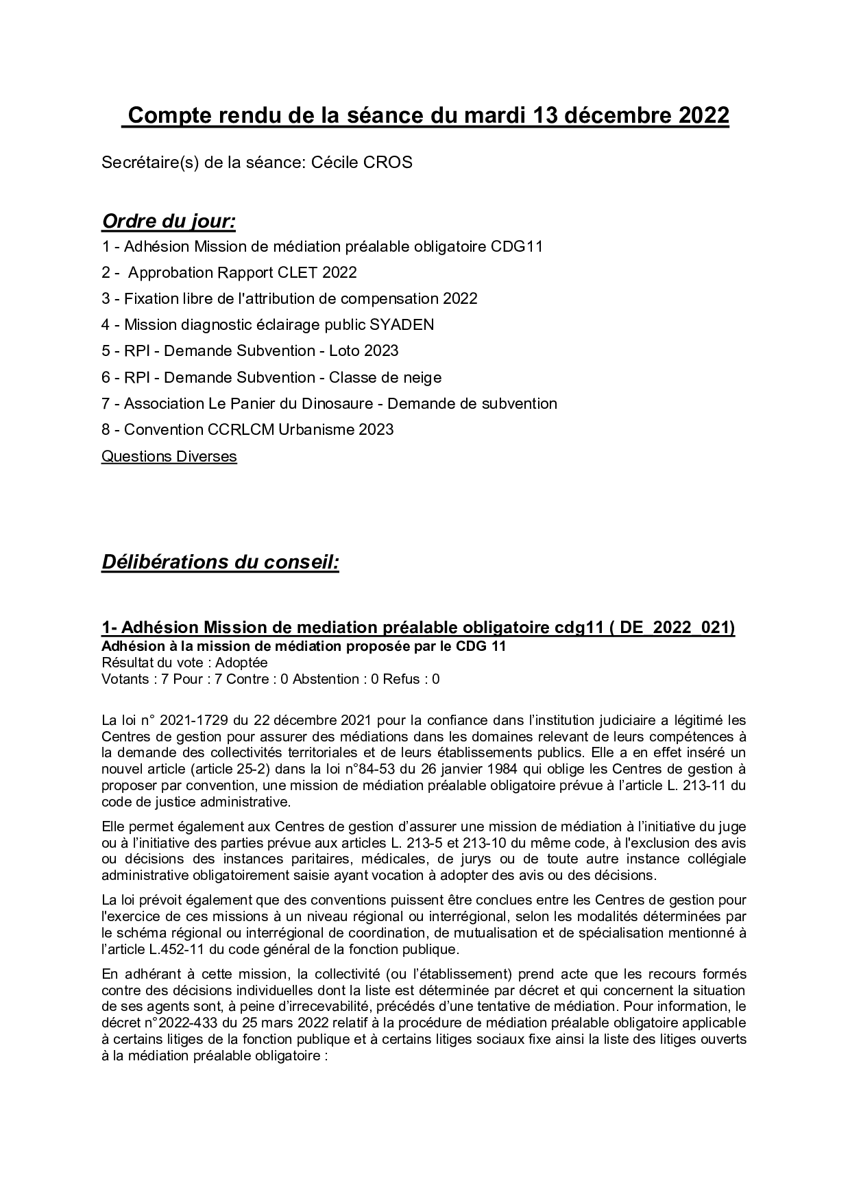 Compte rendu séance du mardi 13 décembre 2022