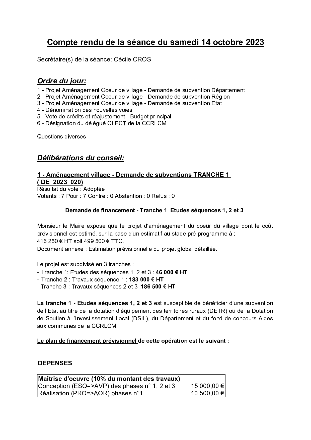 Compte rendu séance du 14 octobre 2023