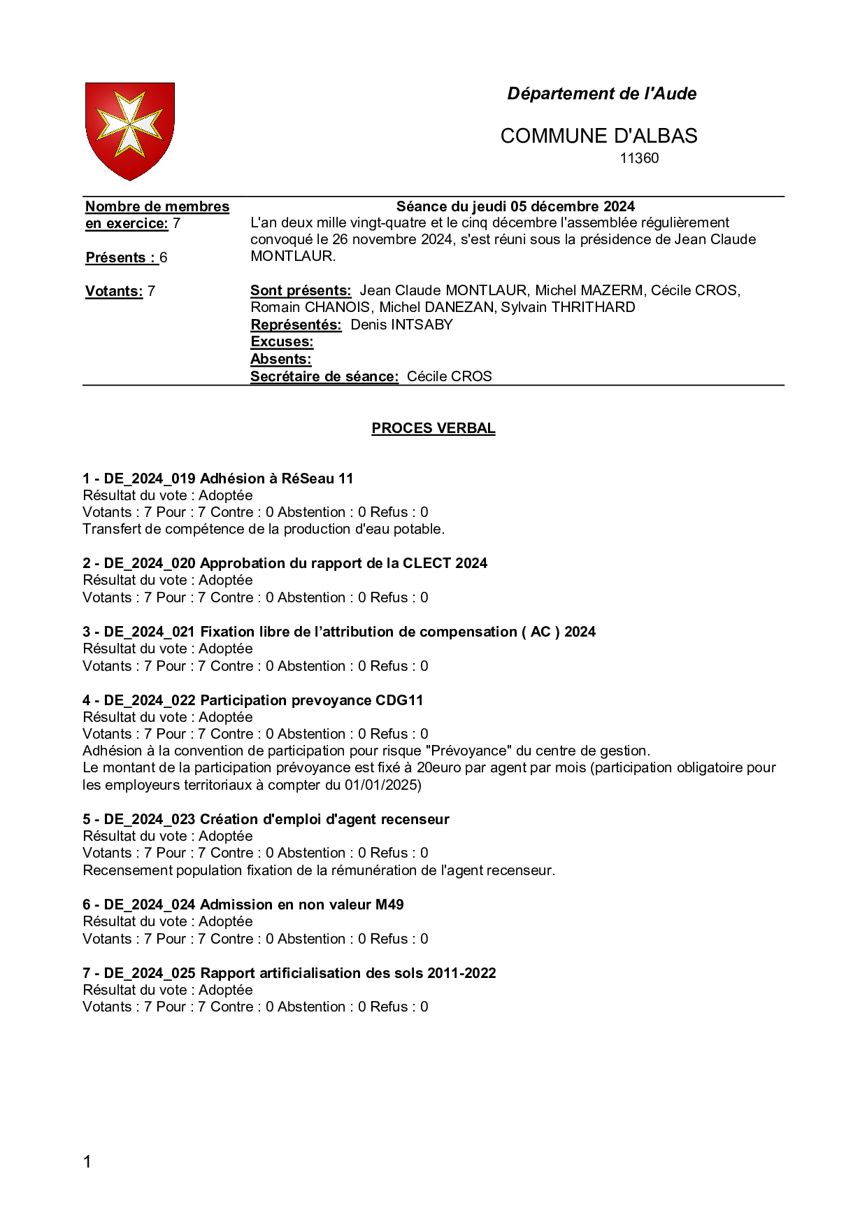 PV séance du 05 décembre 2024