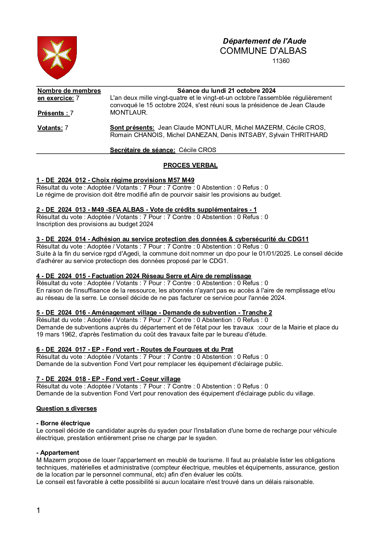 PV séance du 21 octobre 2024